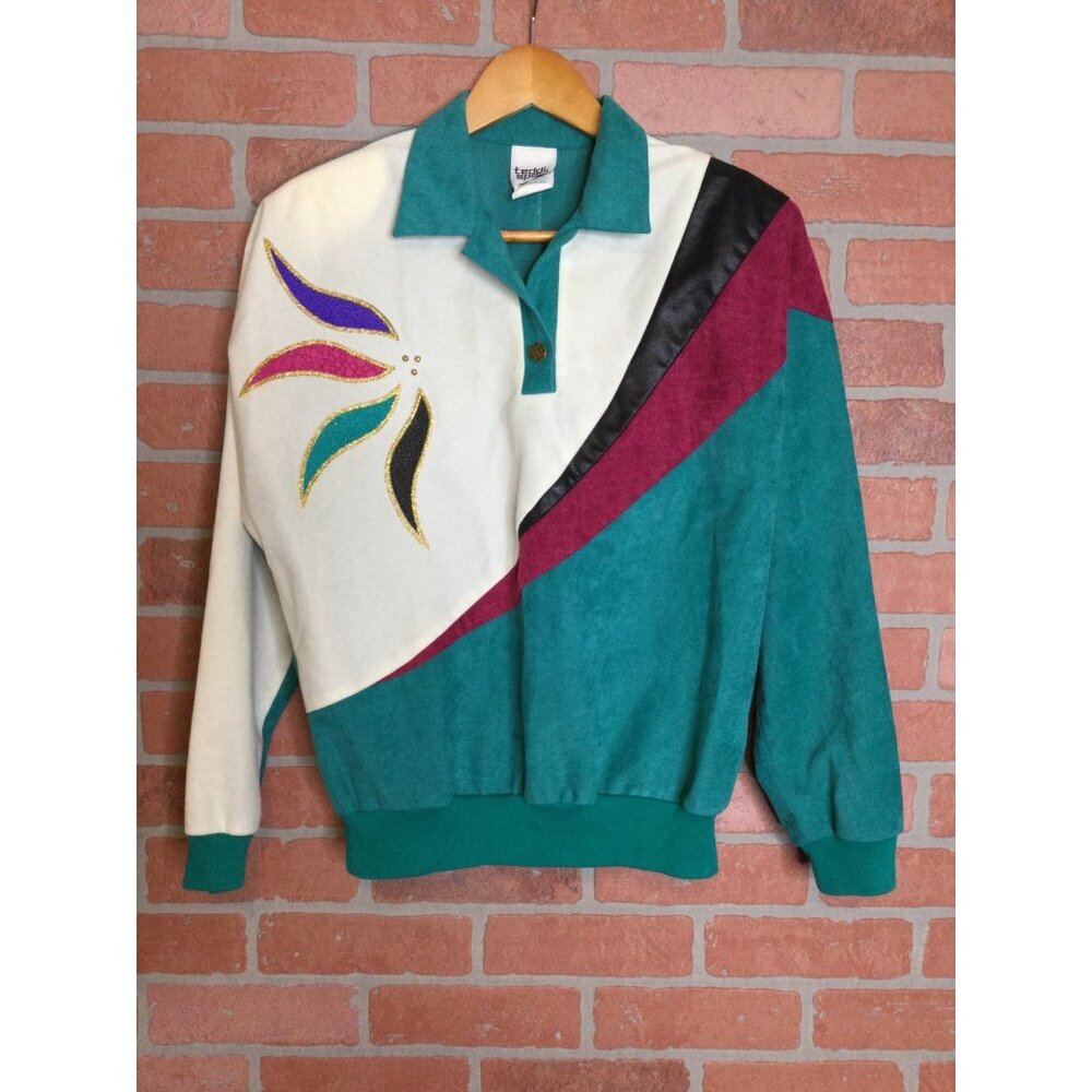 Vintage 90s Teddi Sport Womens Pullover Sweater Size M Unique Abstract Design